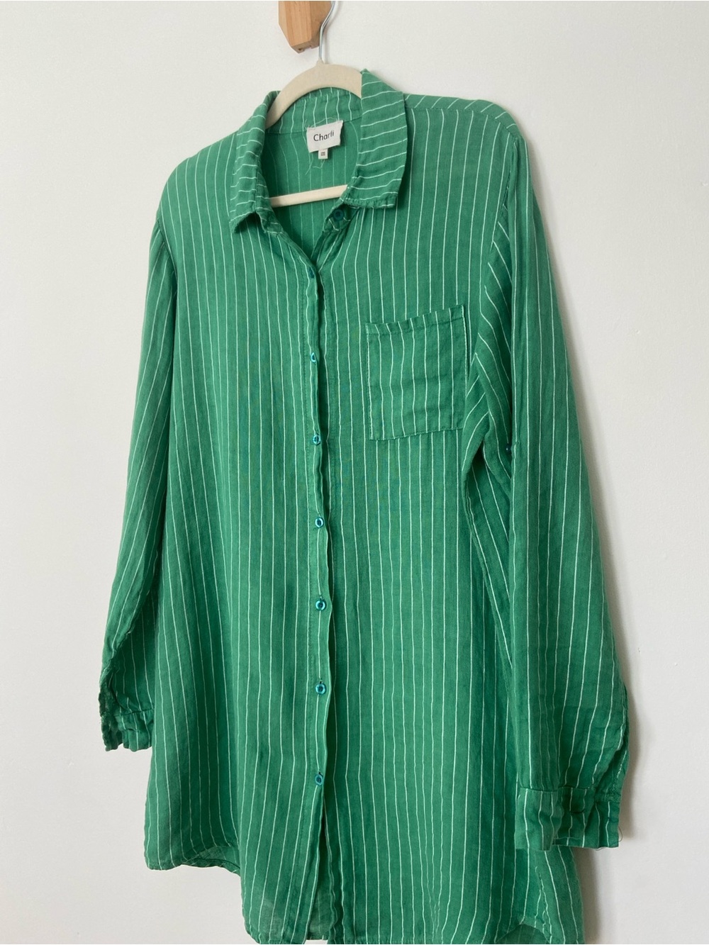 Charli Linen Provence Button Up Shirt in Green One Size Oversized - Picture 9 of 11
